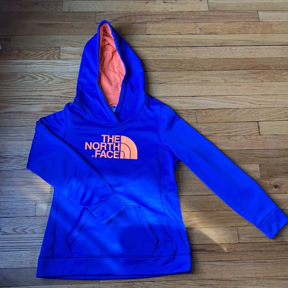 North Face sweatshirt bright purple-y blue +orange